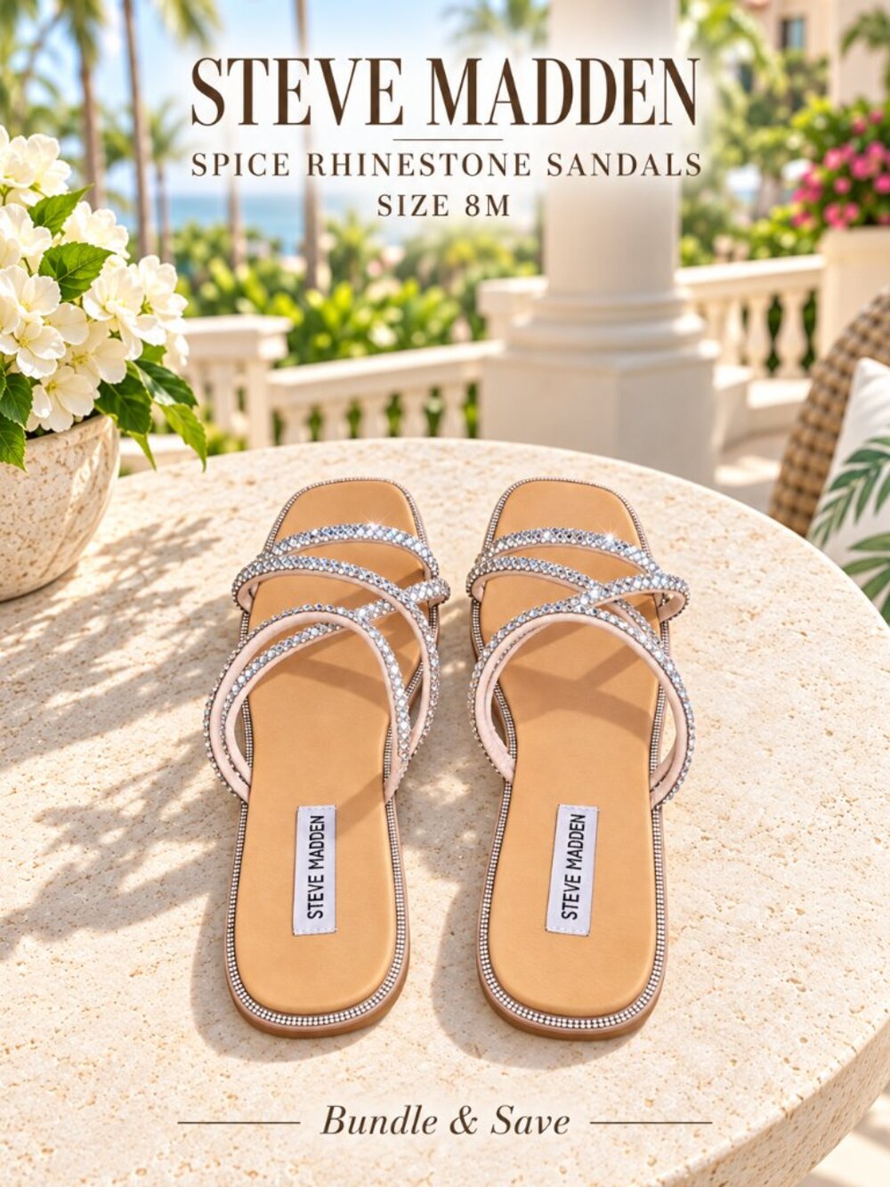 Steve Madden SPICE Rhinestone Square Toe Slide Sandals Size 8M Like New